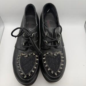 Demonia Size 8 Black Studded Heart Shoes Gothic Punk Lace-Up Platforms Vegan